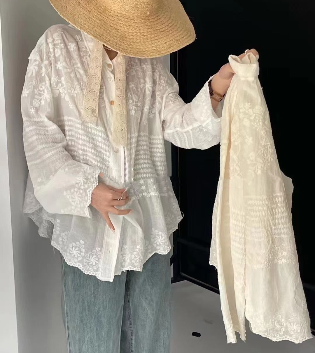 Chemisier de plage en coton blanc pour femmes, manches longues, style boho décontracté, broderie en dentelle, top vintage, printemps été
