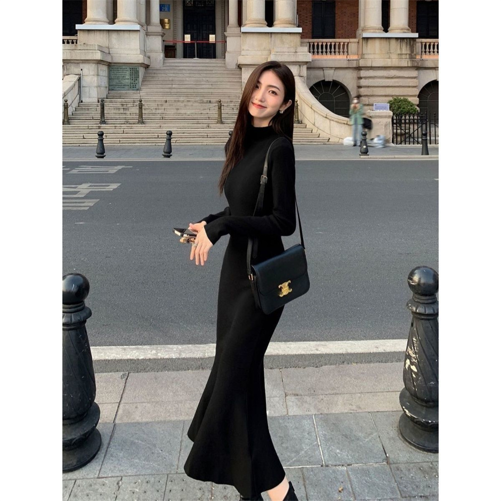 Robe Longue pour Femme, Tenue Vintage Élégante, Slim, Noire, pour Automne et Hiver