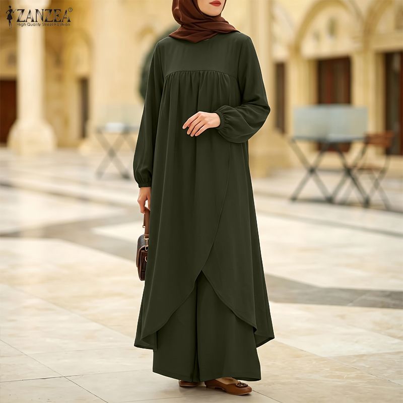 Ensemble musulman ZANZEA 2 pièces pour femmes, hauts longs avec pantalon large, ourlet asymétrique, kaftan, abaya, tenue de Ramadan, hijab, survêtement