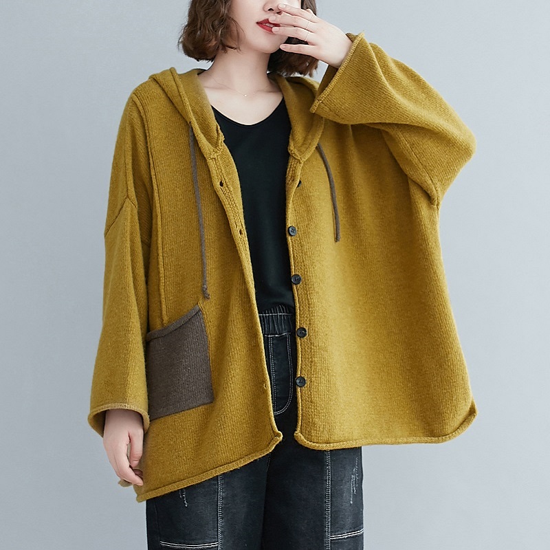 Cardigan ample à capuche en coton tricoté style vintage pour femme, collection automne 2026