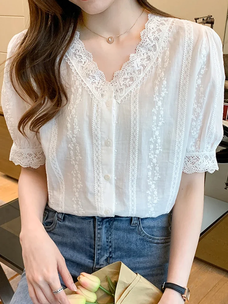 Été à manches courtes chemisier blanc chemise haut pour femme Blusas Mujer De Moda 2024 Verano dentelle col en v Blouse femmes Blouses Blusa F452