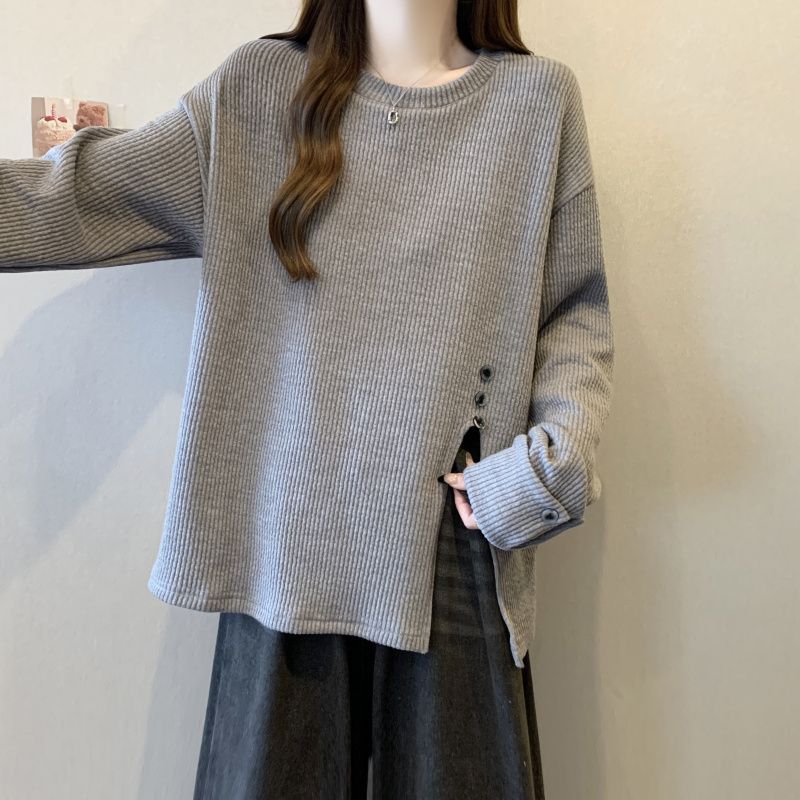 T-shirt à manches longues pour femmes, grande taille, nouvelle collection printemps-automne, décontracté, ample, texture fine, à rayures, fendu