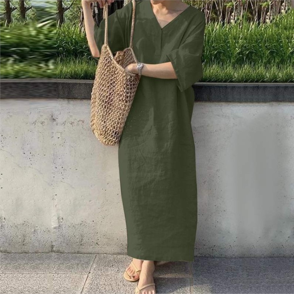 Robe longue en coton et lin pour femmes, manches courtes, col en v, couleur unie, décontractée, ample, vêtements élégants, été, 2024