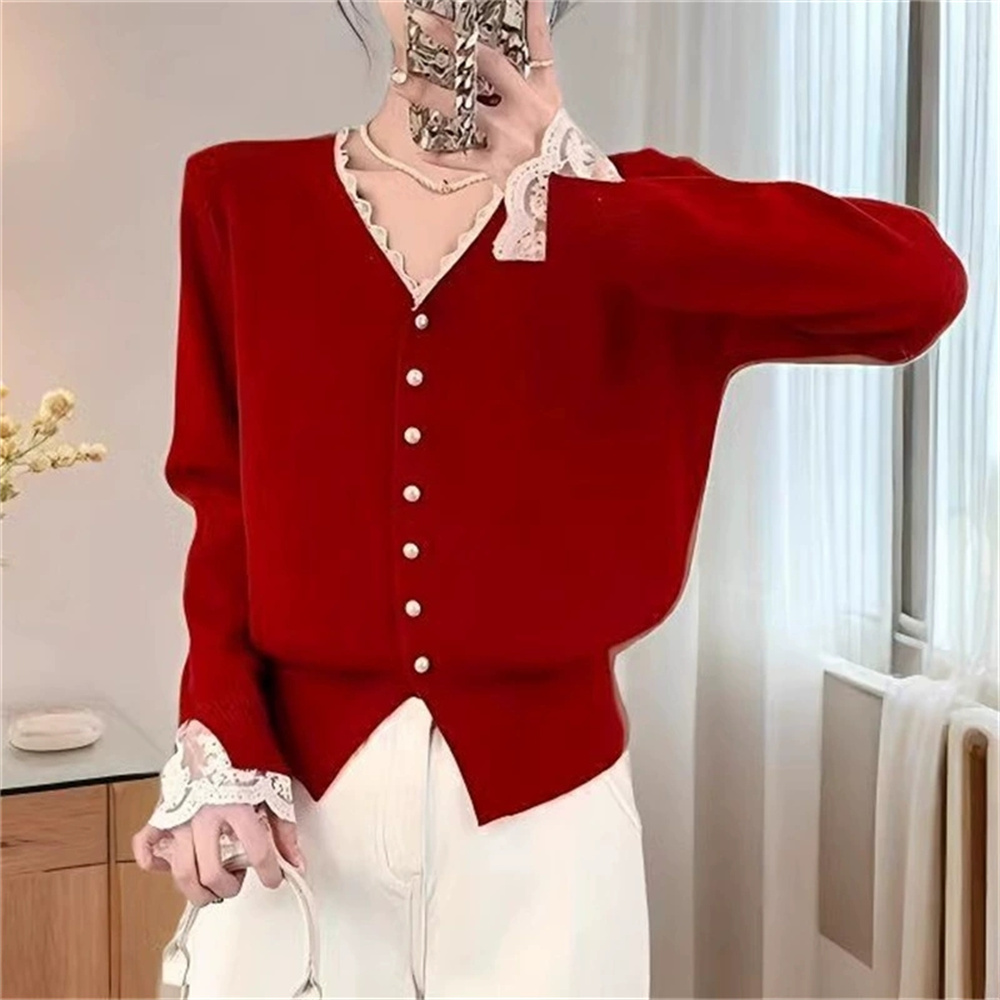 Femmes vêtements automne hiver mode bouton dentelle Patchwork couleur unie tricot femme mince col en v pull Cardigan vêtements hauts