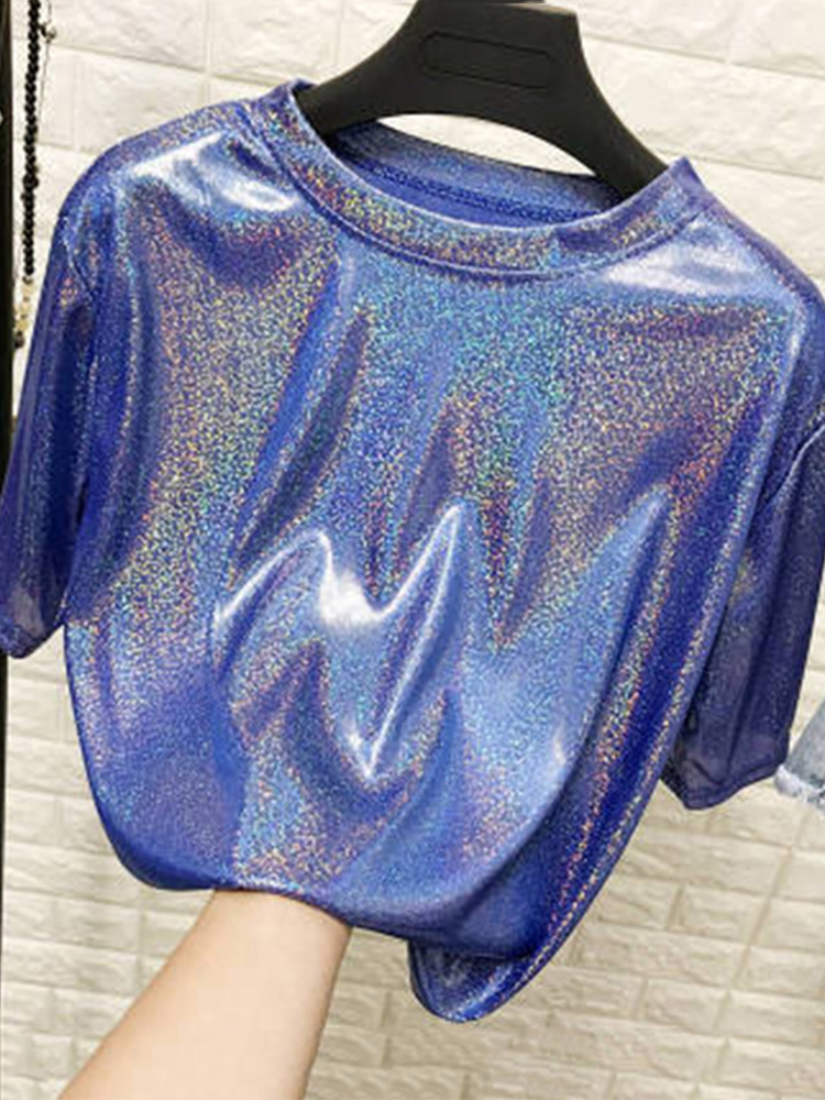 Été femme hauts brillant ample à manches courtes t-shirt sexy club esthétique harajuku femmes élégant brillant soie t-shirt