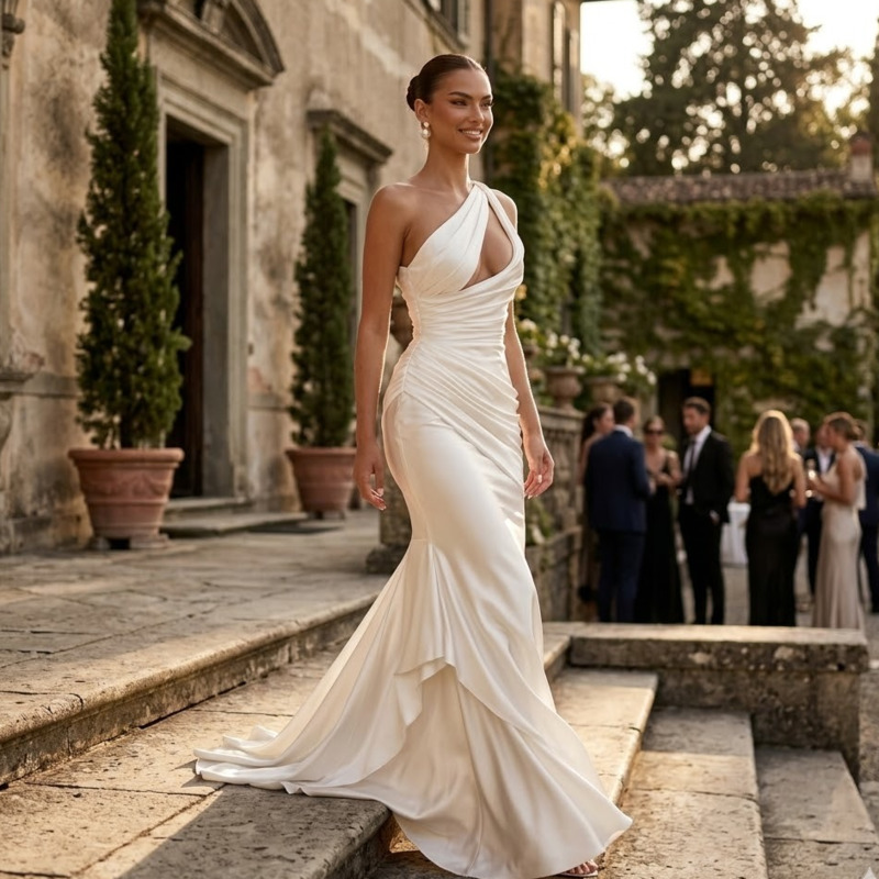 Robe de soirée sirène asymétrique en satin à une épaule, découpée, plissée à la taille, drapée, pour femme, idéale pour invitée de mariage, bal de promo, chic