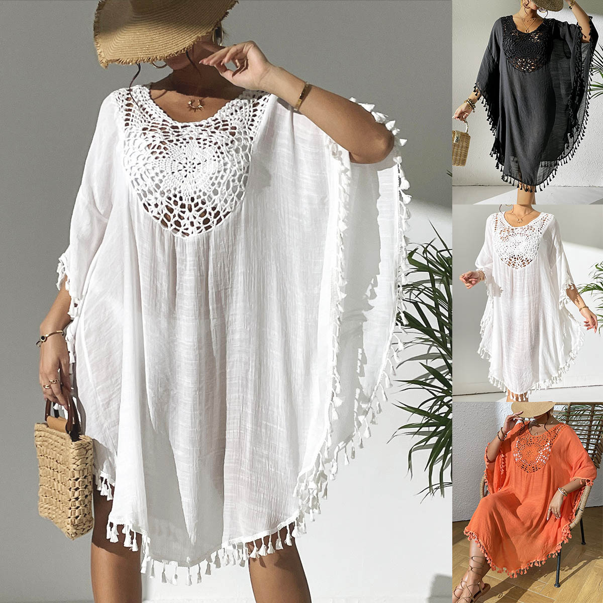 Robe de plage courte en tricot et crochet pour les vacances, style smock sexy, avec empiècements couleur unie et petits pompons, protection solaire