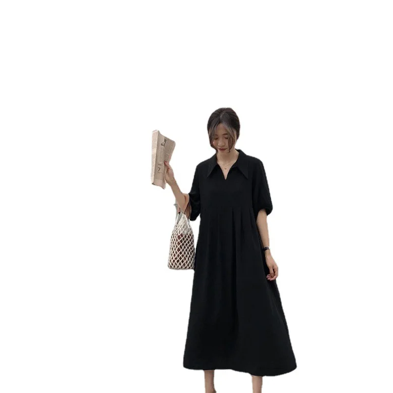 Robe longue trapèze élégante et amincissante pour femme, grande taille, style coréen, nouvelle collection 2023, noire, à manches courtes et col chemise