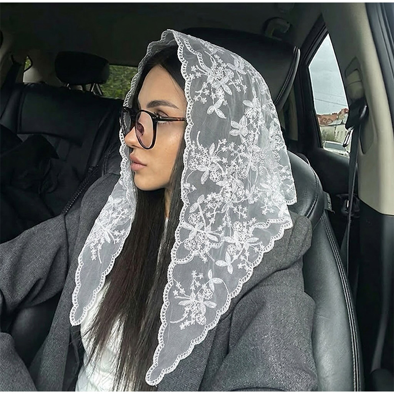 Écharpe triangulaire en dentelle style plage française pour femmes et jeunes filles, protection solaire, accessoire pour cheveux printemps-été, hijab musulman vintage pour femme