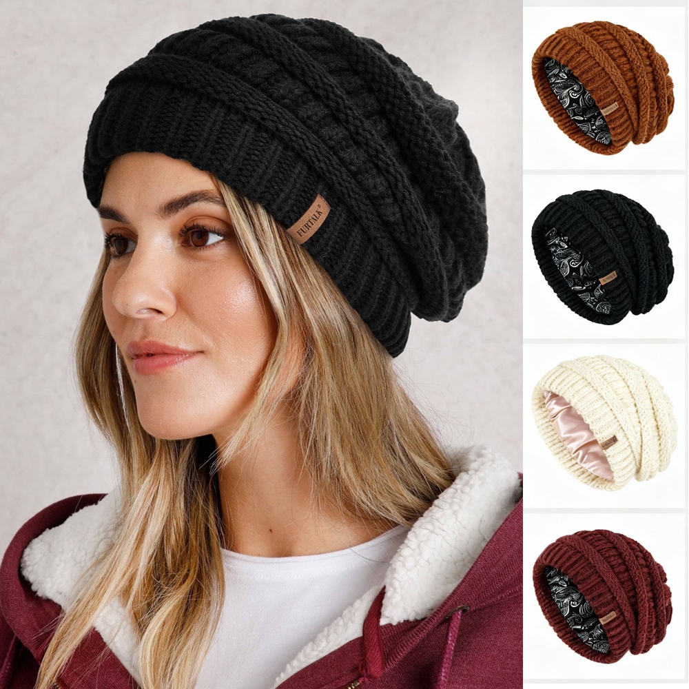 FURTALK hiver Satin doublé bonnet chapeau pour femmes câble tricot gros bonnets amples dame Double couche crâne casquette chaude mode