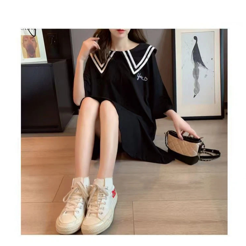 Preppy Style noir ample t-shirt robe été nouveau à manches courtes couleur unie rayé Patchwork hauts doux mode femmes vêtements