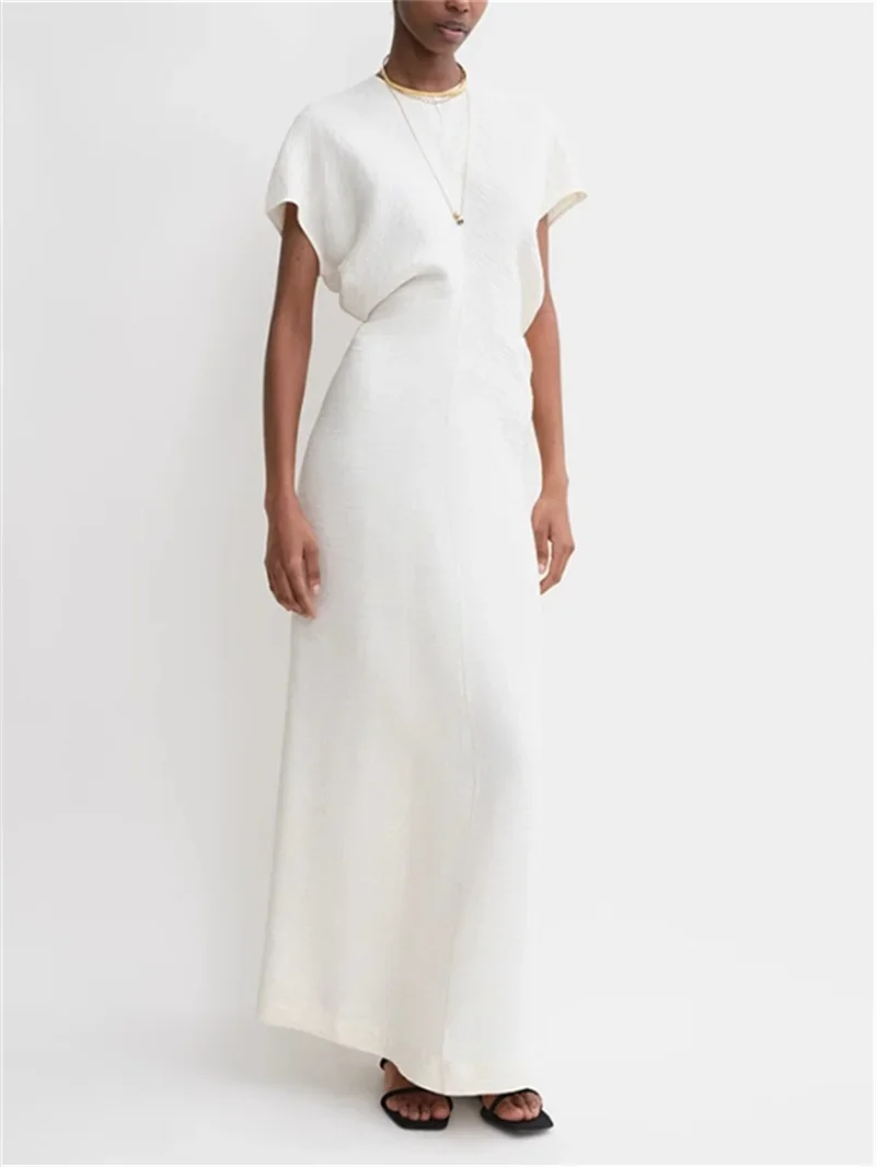 Robe minimaliste mi-mollet pour femmes, col rond, fermeture éclair, drapée, plissée, élégante, été