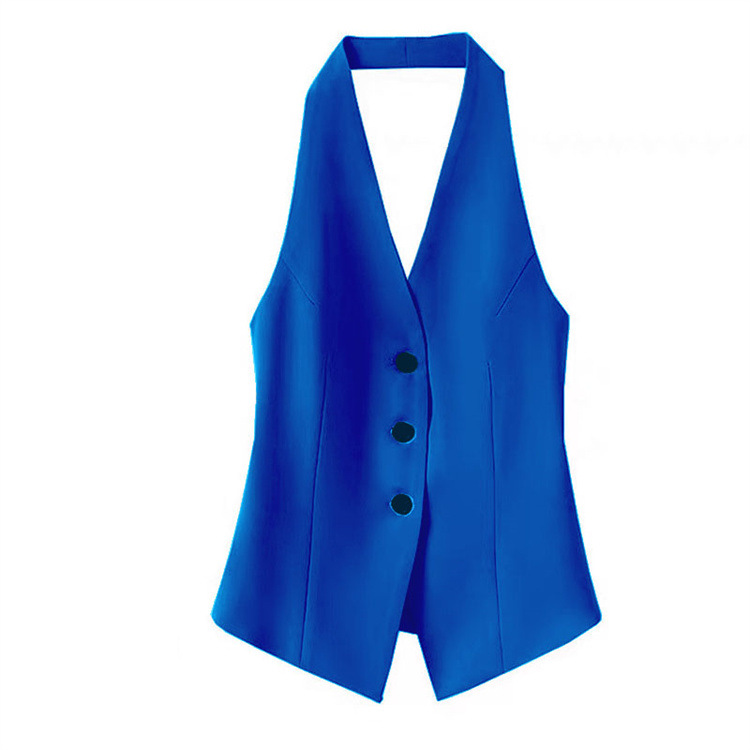Gilet de costume pour femme, court, col licou, noir, sans manches, dos nu, boutonné, chic et élégant