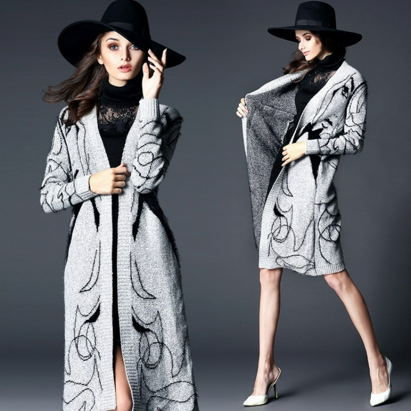 Pull long élégant pour femme, manteau chaud, cardigans à imprimé figure, mode féminine, vêtements d'hiver, 2023