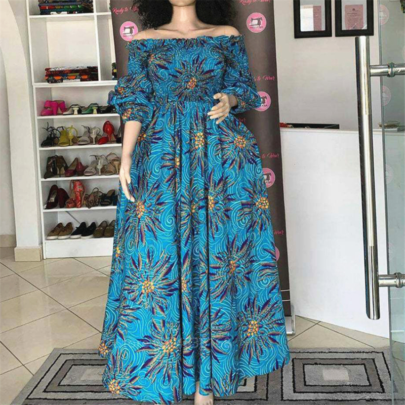 Robe de Soirée à Imprimé National Africain pour Femme, Décontractée, Sexy, Col Bateau, Maxi, Vintage, Manches sulf, Élégante, Nouvelle Collection