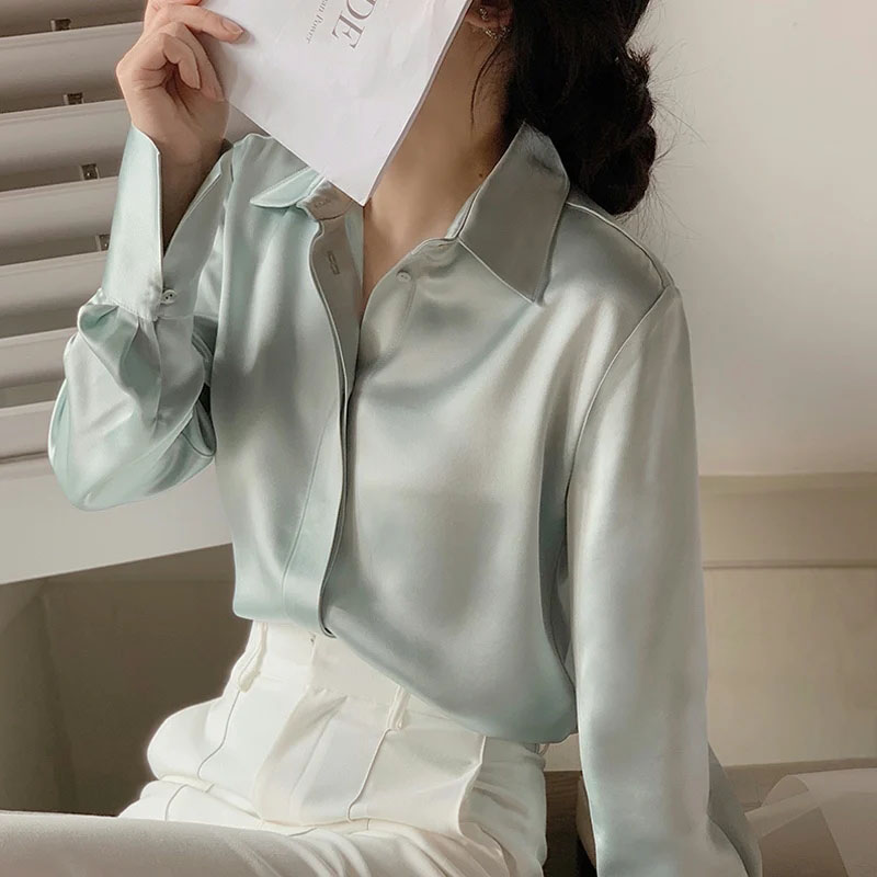 Chemisier en Satin à manches longues pour femmes, mode française, chemises de couleur unie, vêtements de bureau élégants pour dames, vêtements coréens pour dames