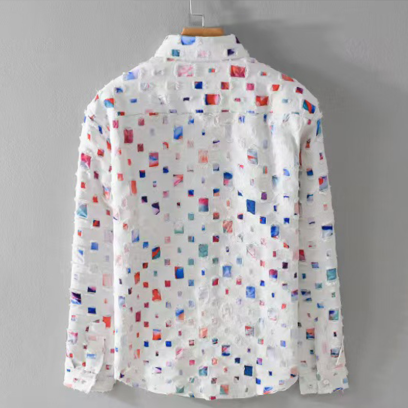 Chemise à col rabattu pour hommes, manteau imprimé à trous cassés, hauts à manches longues, amples, à la mode, chemises de haute qualité, printemps-automne
