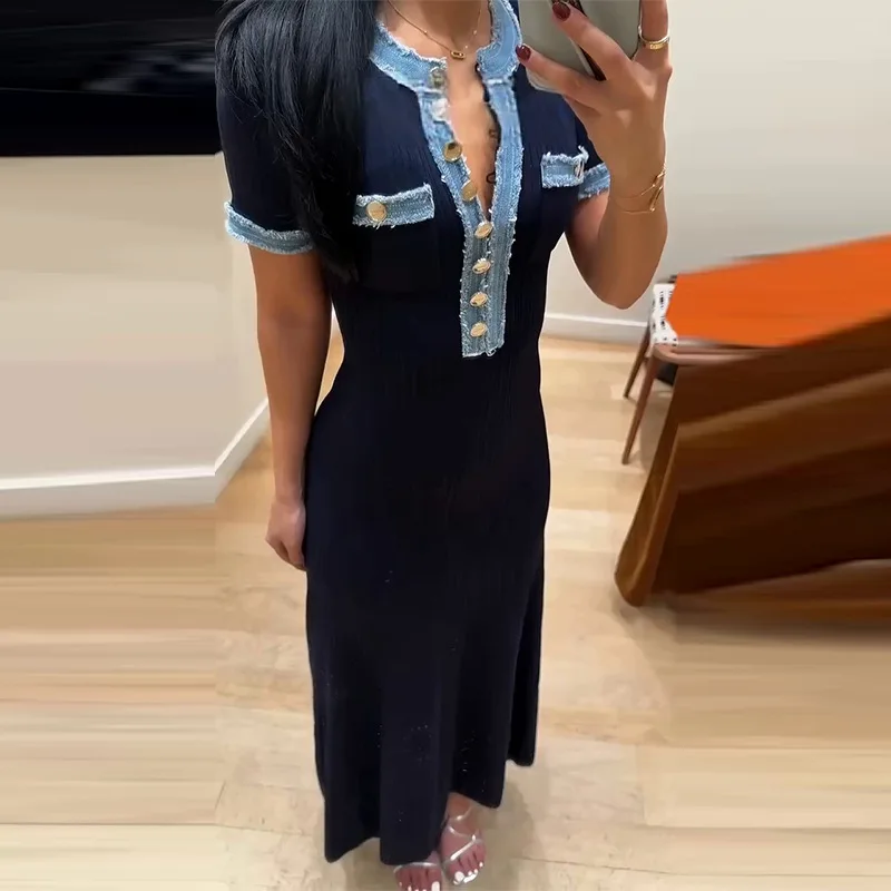 Robe longue pour femme, coupe ajustée, col en V, manches courtes, élégante, avec empiècements en jean, style Y2K, taille haute, été