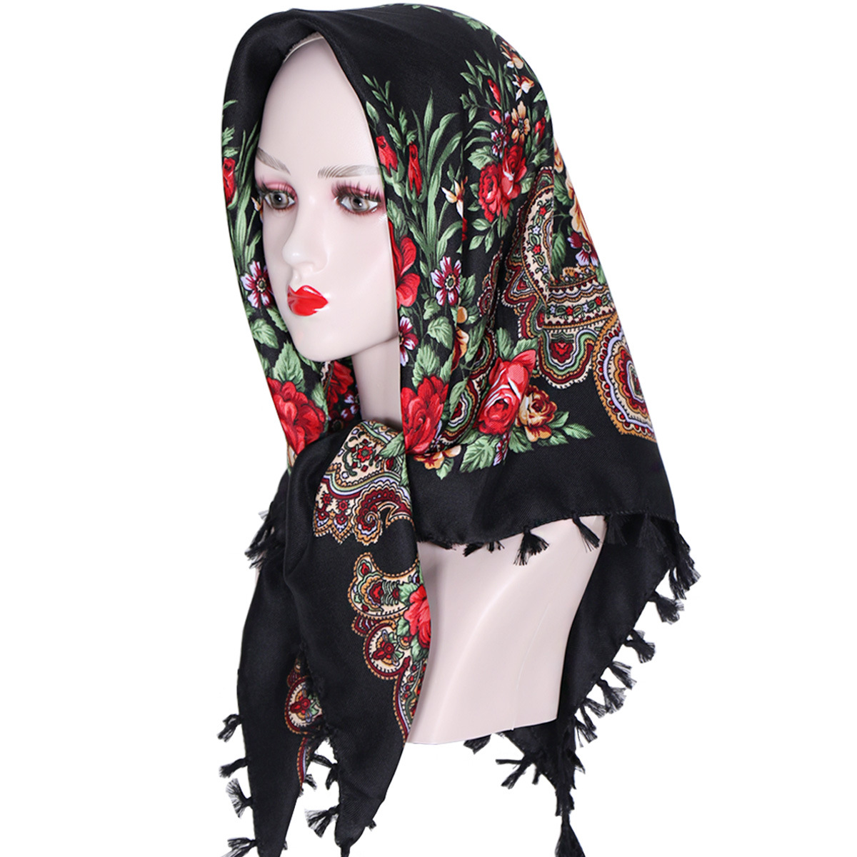 Foulard carré russe 90x90cm à franges courtes pour femme, imprimé floral de luxe, bandana, châle, foulard de tête, couvre-chef féminin