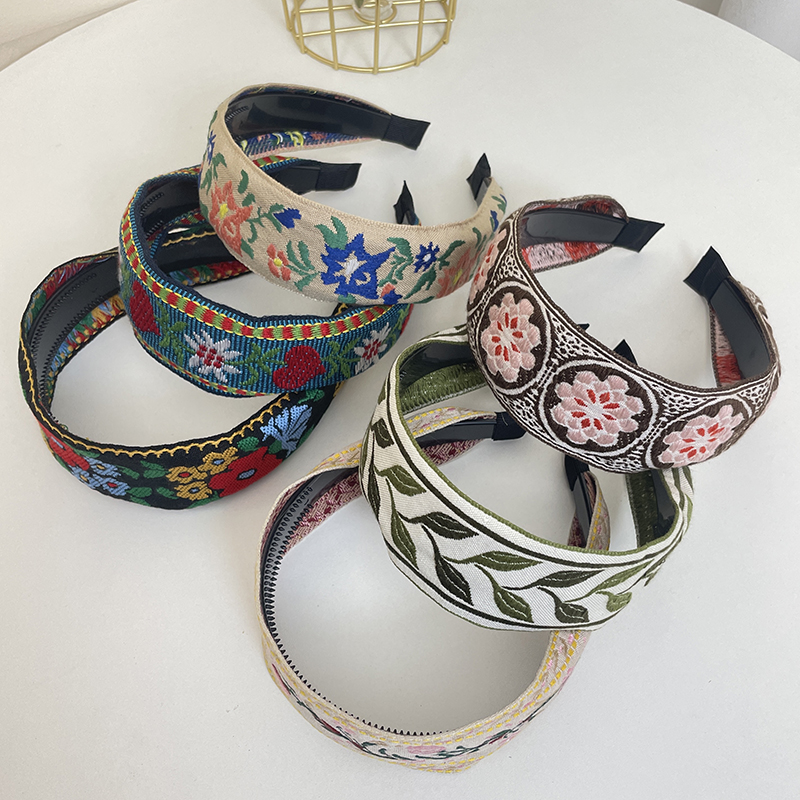 Nouveau Style bohème broderie bandeau ethnique à large bord cerceau de cheveux feuille fleur motif cheveux accessoires chapeaux