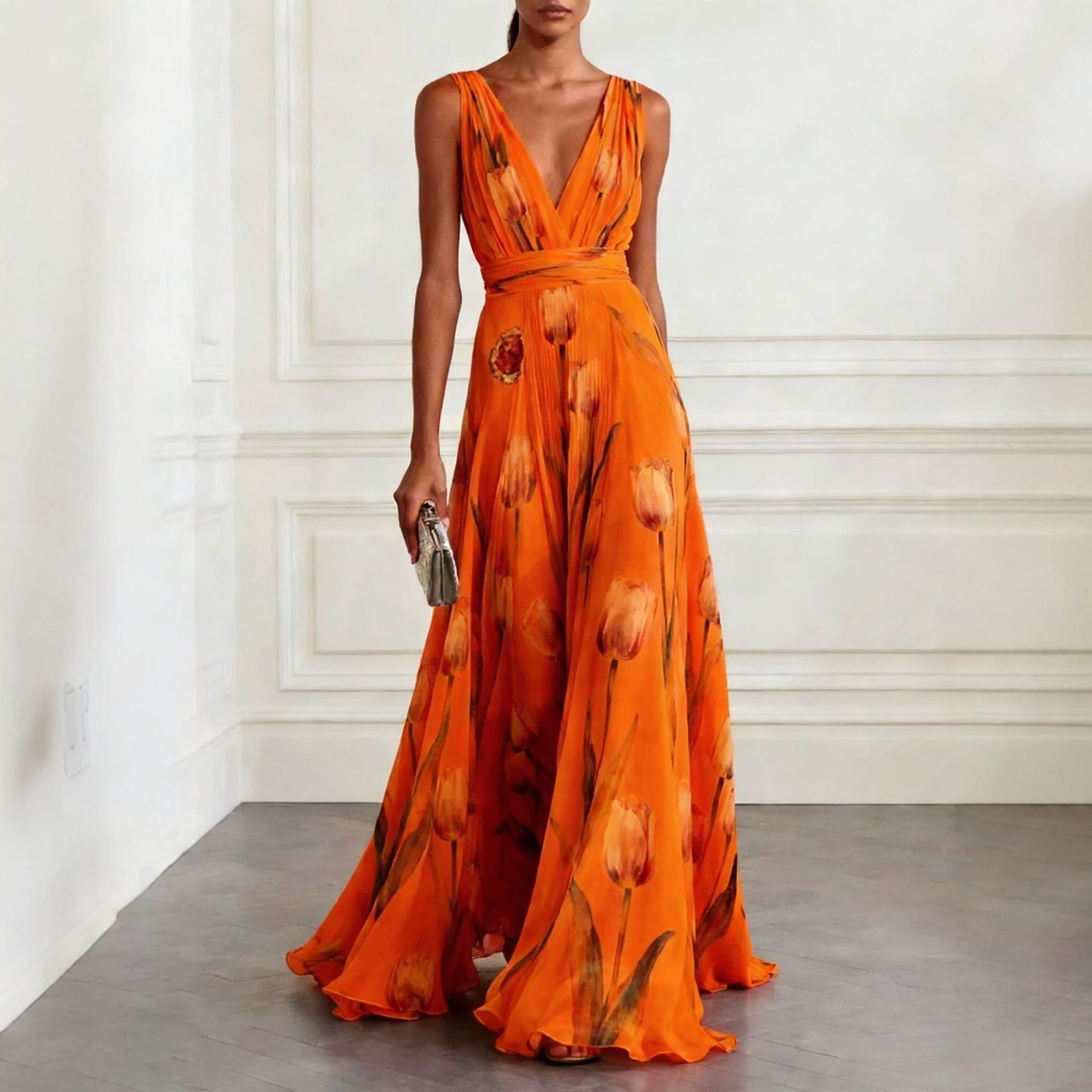 Robes pour femmes 2026 Nouvelle robe de soirée à imprimé tulipes sans manches col en V longue robe vêtements pour femmes vestidoes