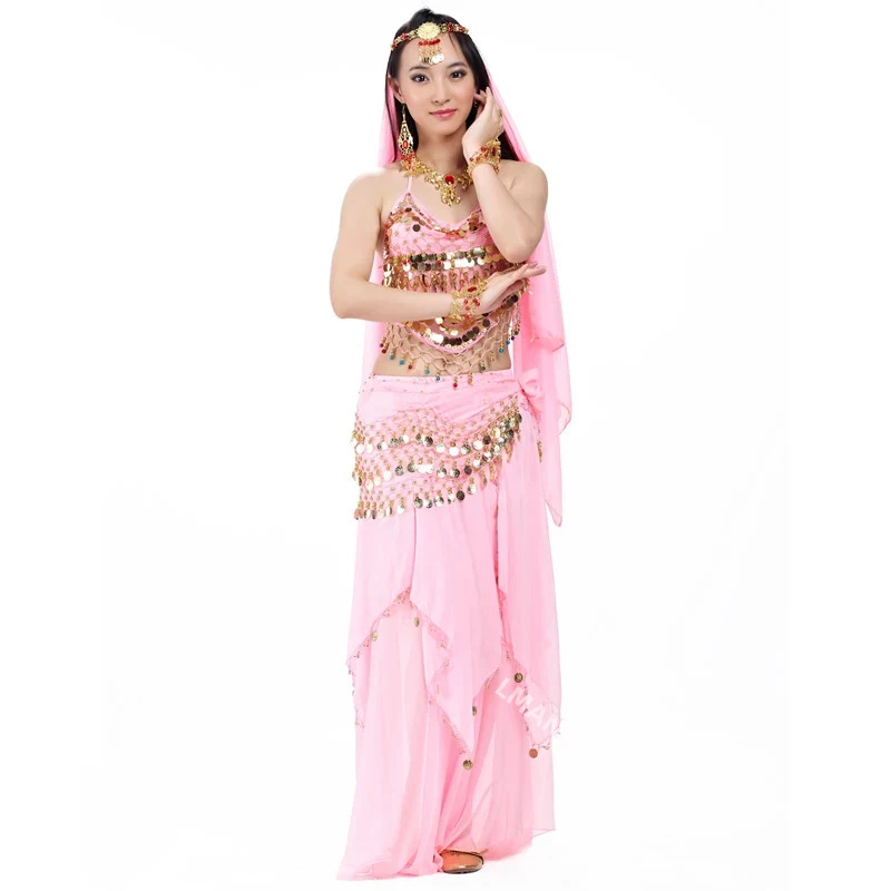 Ensemble de costumes indiens 4 pièces voile de danse du ventre pièces supérieures écharpe de hanche jupe Costume de danse du ventre femmes