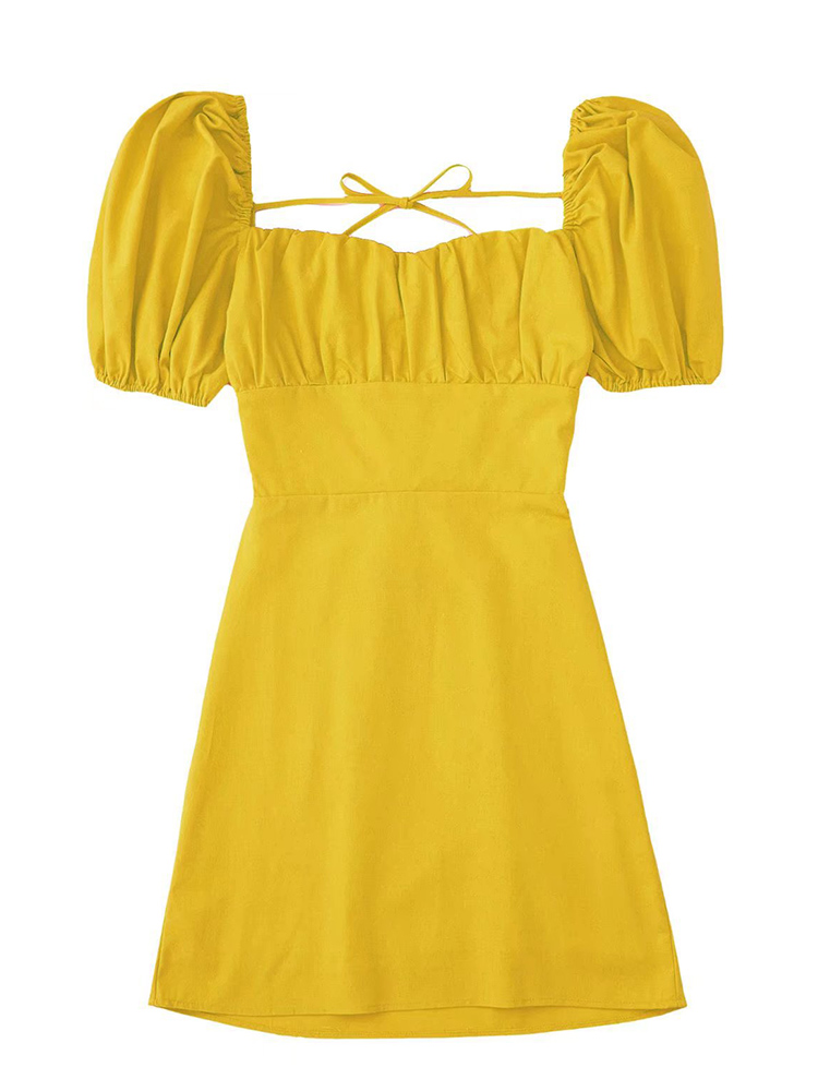 Robe en lin mélangé blanche, à la mode, pour femmes, avec un décolleté carré, de courtes manches bouffantes et un dos nu, ainsi que des bretelles croisées.