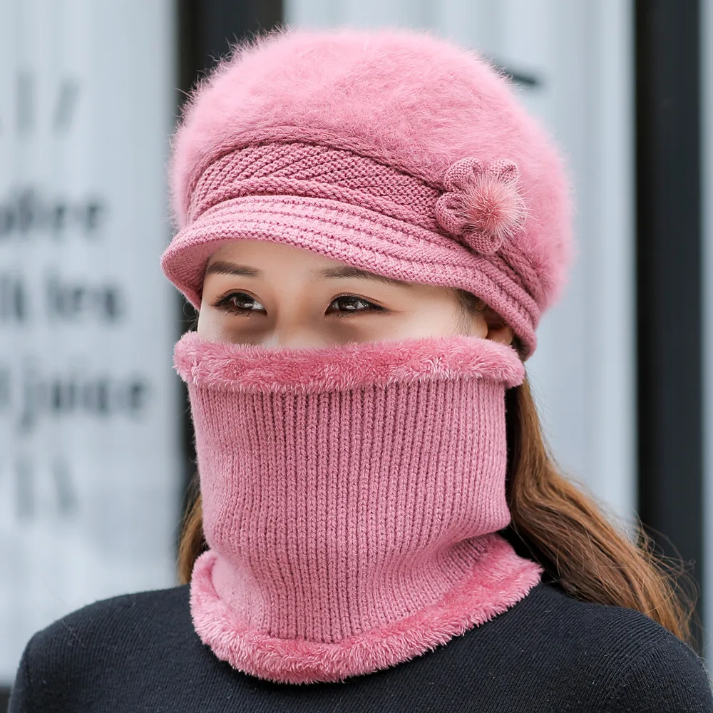 Offre spéciale femmes chapeau d'hiver garder au chaud casquette en peluche fourrure doublé chapeau et écharpe ensemble chaud
