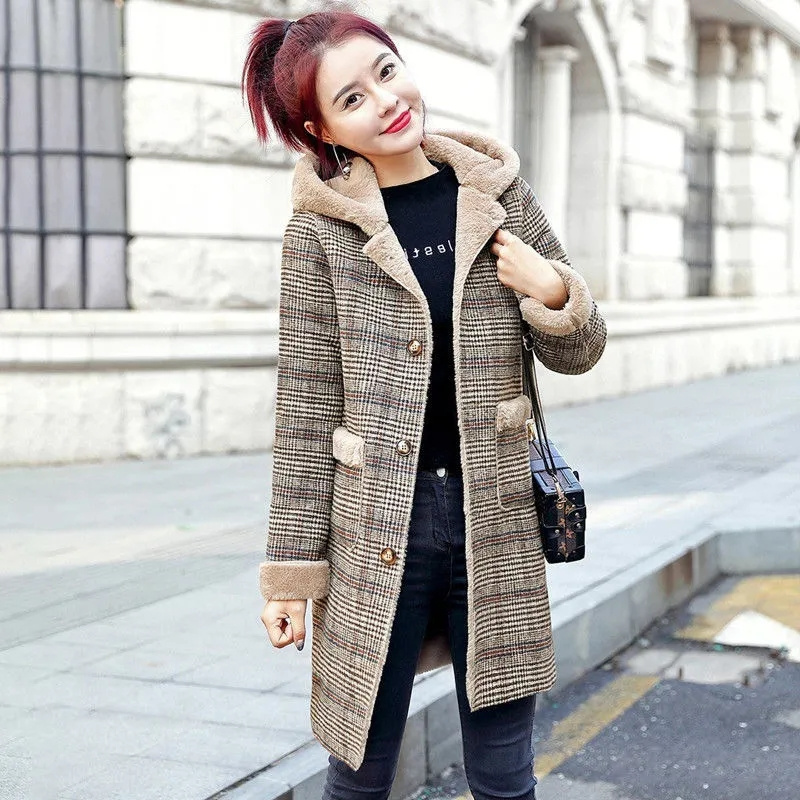 Nouveau Manteau Long Hiver 2026 pour Femme, à Capuche, Épais et Chaud, en Laine à Carreaux et Fourrure de Lapin, Style H, Haute Qualité