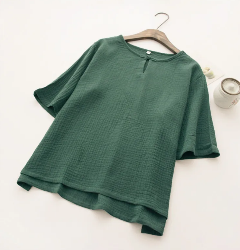 Blouses pour femmes grandes tailles, style chinois vintage, chemises en coton et lin à manches courtes, chemisiers décontractés de style prairie, hauts pour femmes.
