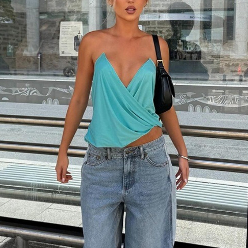Débardeur plissé dos nu pour femme, style plage, col en V, sans manches, coupe ample, sexy, collection Printemps-Été 2026, idéal pour les vacances, couleur unie