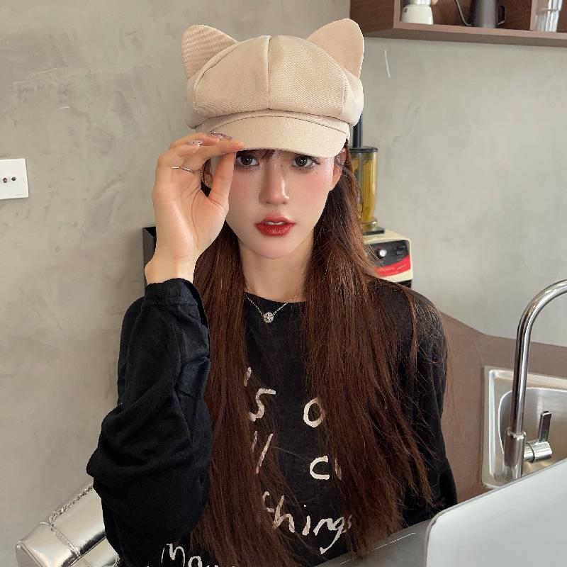 Béret femmes mignon chat oreille doux octogonal chapeaux pour femmes casquette gavroche peintre chapeau Style coréen couleur unie noir