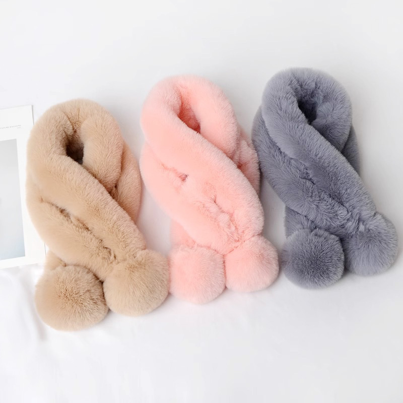 1pc peluche croix écharpe fausse fourrure de lapin épaissi en peluche boule thermique écharpe épaisse hiver femmes cou plus chaud col foulard
