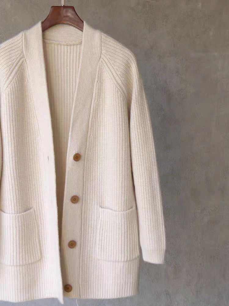 Cardigan mi-long en laine mérinos pour femme, veste d'automne et d'hiver, 100% laine, boutons tricotés, pull en cachemire