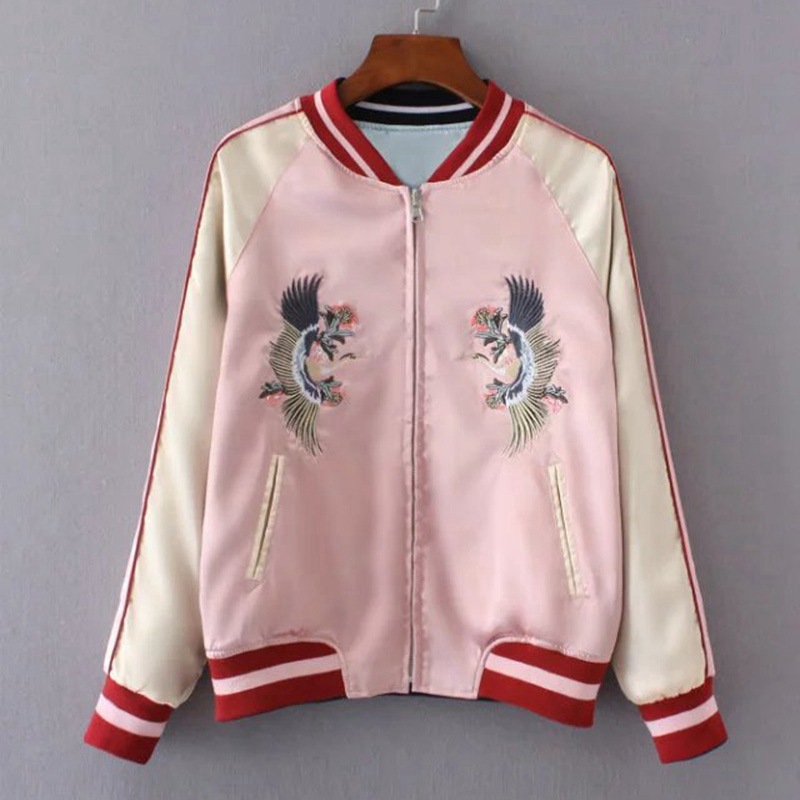 Veste de Baseball en Satin Double face pour femmes, blouson bombardier Sukajan, manteau brodé pour filles, printemps automne 2025, rose