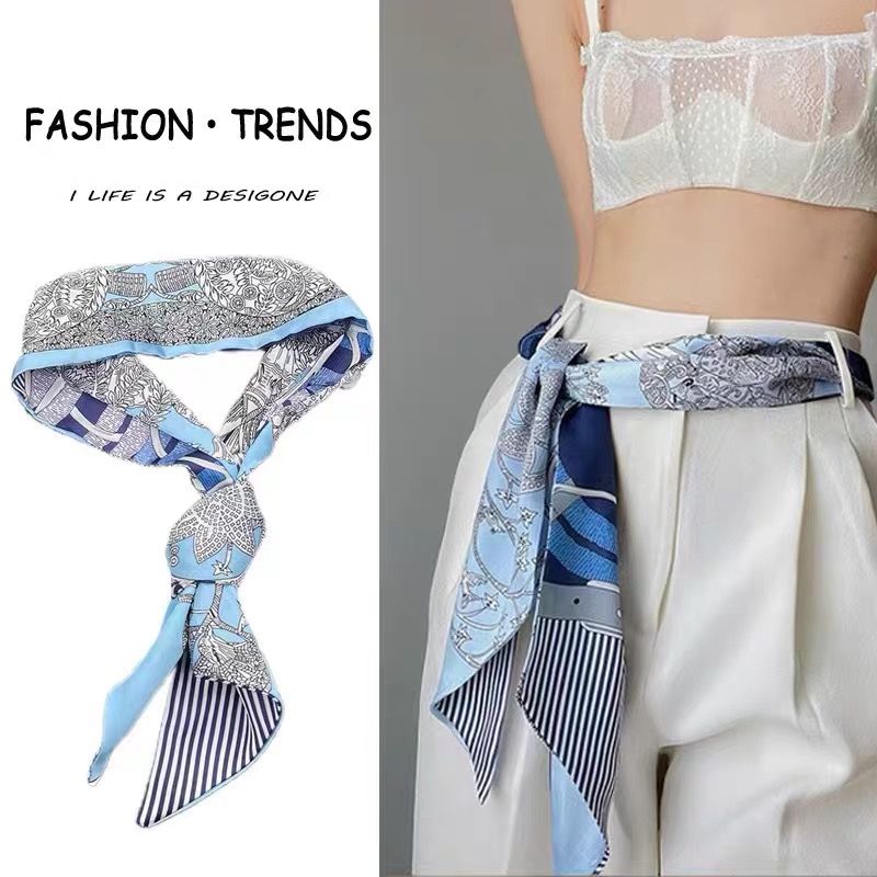 Foulard en soie imprimé bleu pour femmes, bandeau cheval en Satin doux, foulard biseauté, Hijab de bureau, sac, rubans, cadeau