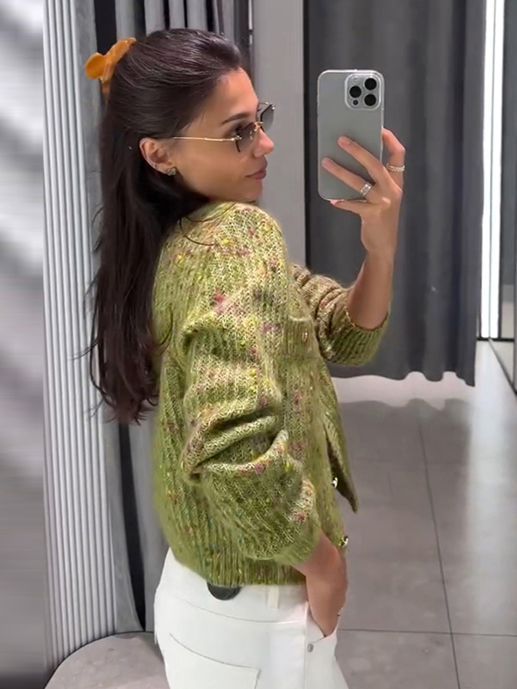 Cardigan en tricot pour femme, col rond, simple boutonnage, ourlet élastique, poches, manches longues, coupe courte, chic