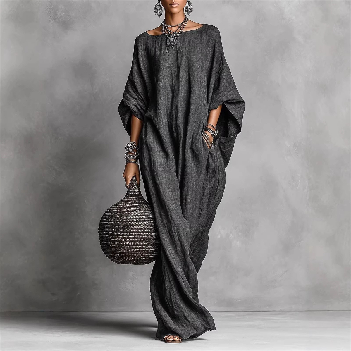 Robe longue kaftan multicolore en mélange de lin, coupe ample, manches chauve-souris, avec poches, style bohème décontracté pour femme