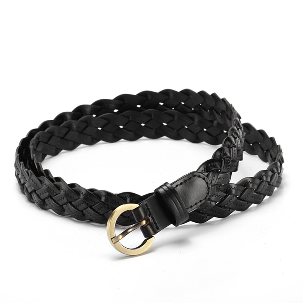Ceinture en cuir pour femmes, avec boucle ronde dorée tressée, ceinture fine décontractée pour étudiantes, accessoires de vêtements pour dames