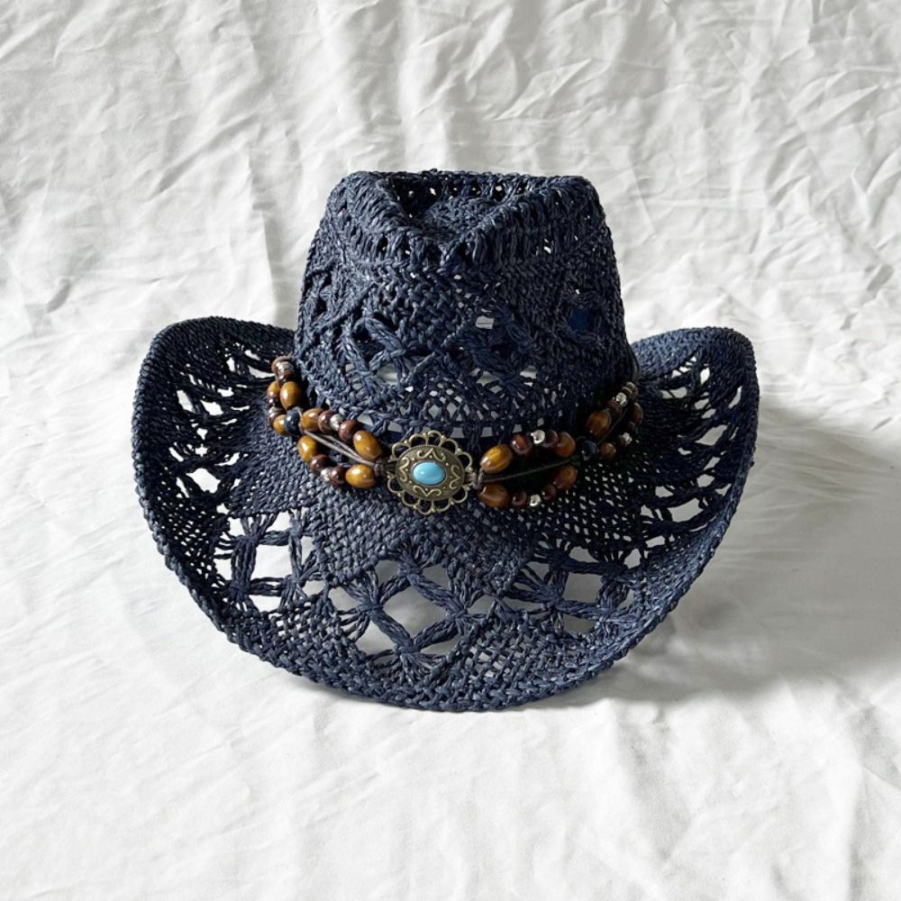 Chapeau de paille bohème Vintage pour femmes et hommes, chapeaux de Cowboy occidentaux, perles en bois, chapeau de soleil ajouré, casquette de vacances, été
