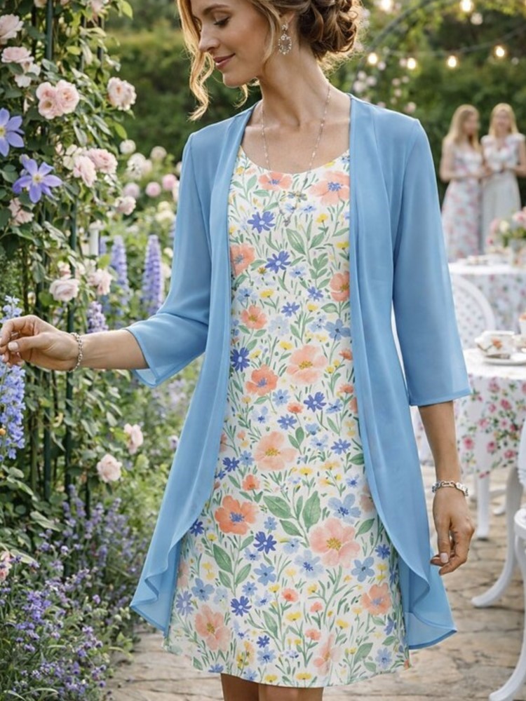 Ensemble deux pièces élégant et décontracté pour femme : Robe midi ample imprimée sans manches et cardigan en mousseline – Collection Printemps-Été