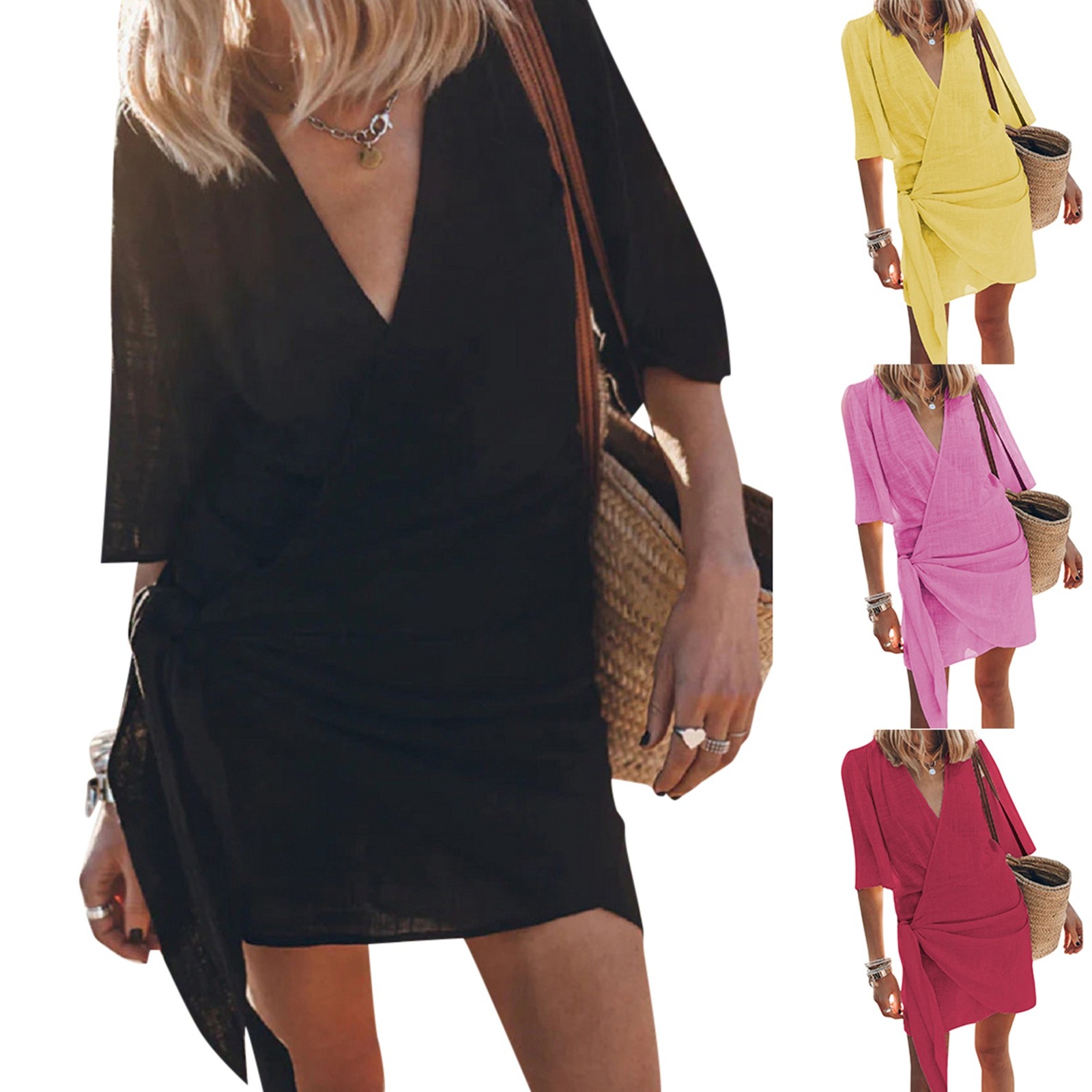 Robes portefeuille en coton et lin pour femmes, col en V, manches courtes, couleur unie, Robe de plage, décontractée, vacances, été
