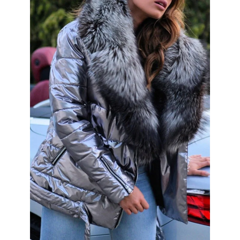 Doudoune Courte en Coton pour Femme, Manteau d'Hiver, Surface Brillante, Grand Col, Style Punk, Slim