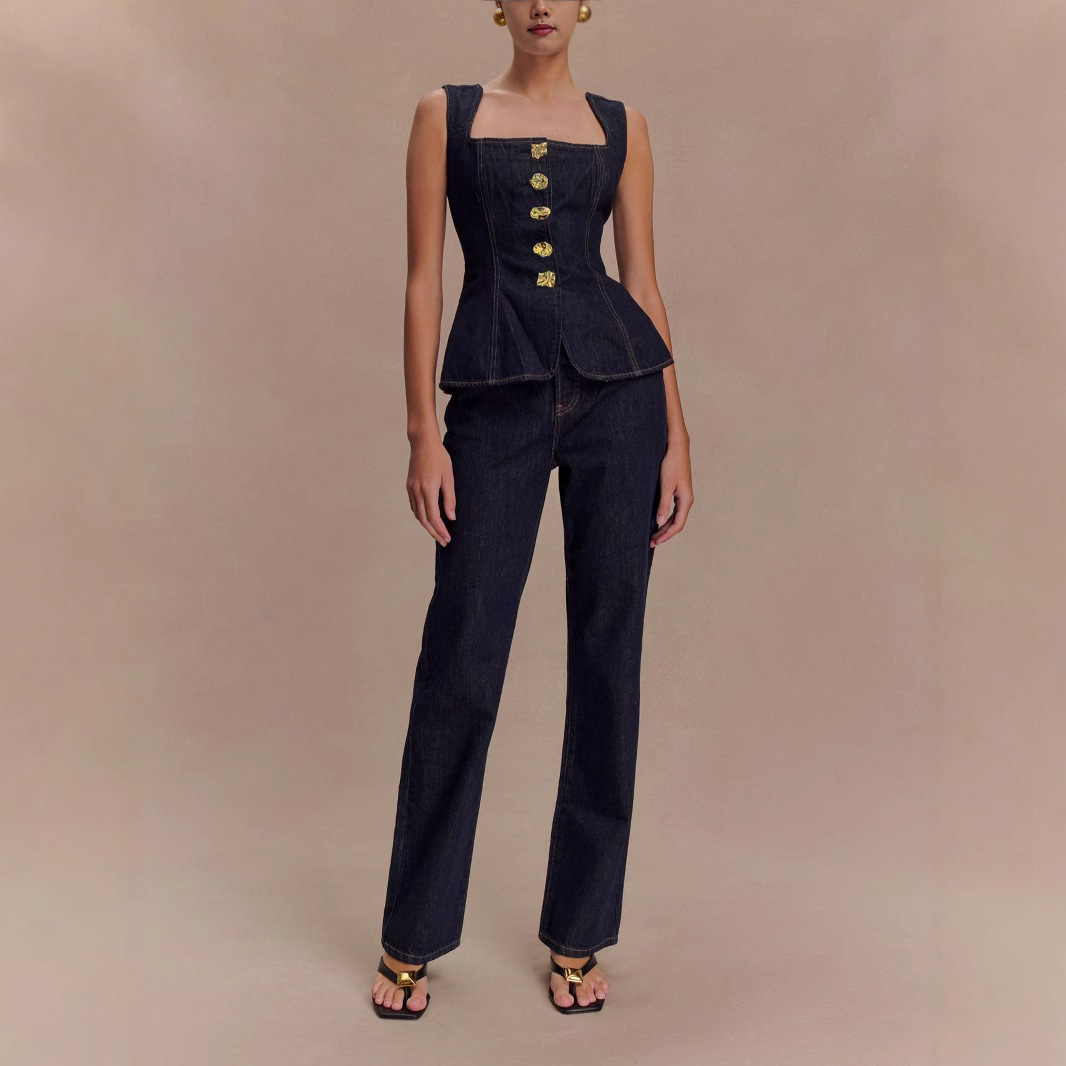 Été Denim pantalon ensembles femmes 2025 mode sans manches simple boutonnage gilet hauts et taille haute Baggy jean 2 pièces ensemble femme