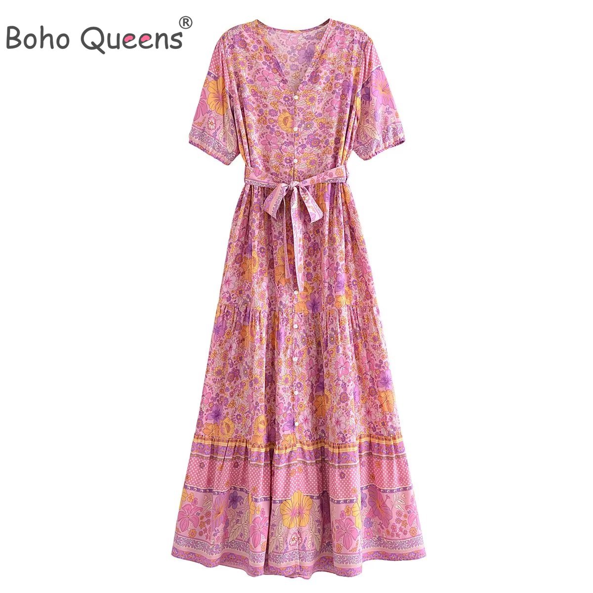 Robe longue à lacets pour femmes, style Boho, imprimé Floral, boutons, style bohème, manches courtes, été