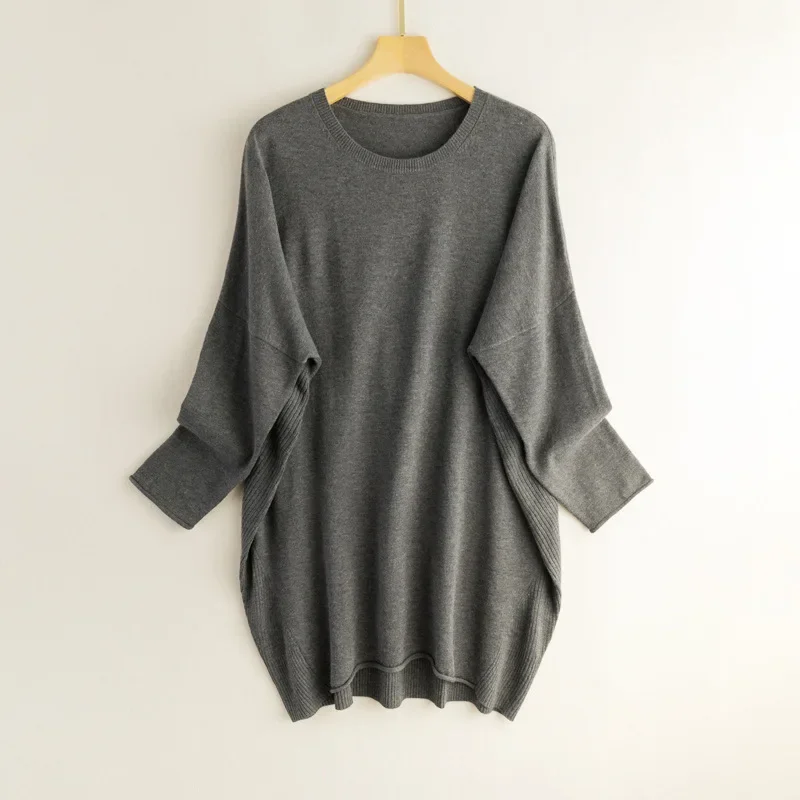Pull tricoté ample à manches longues et col rond pour femme, vêtement d'automne/hiver, mélange de cachemire 85% soie de mûrier naturelle, 15%
