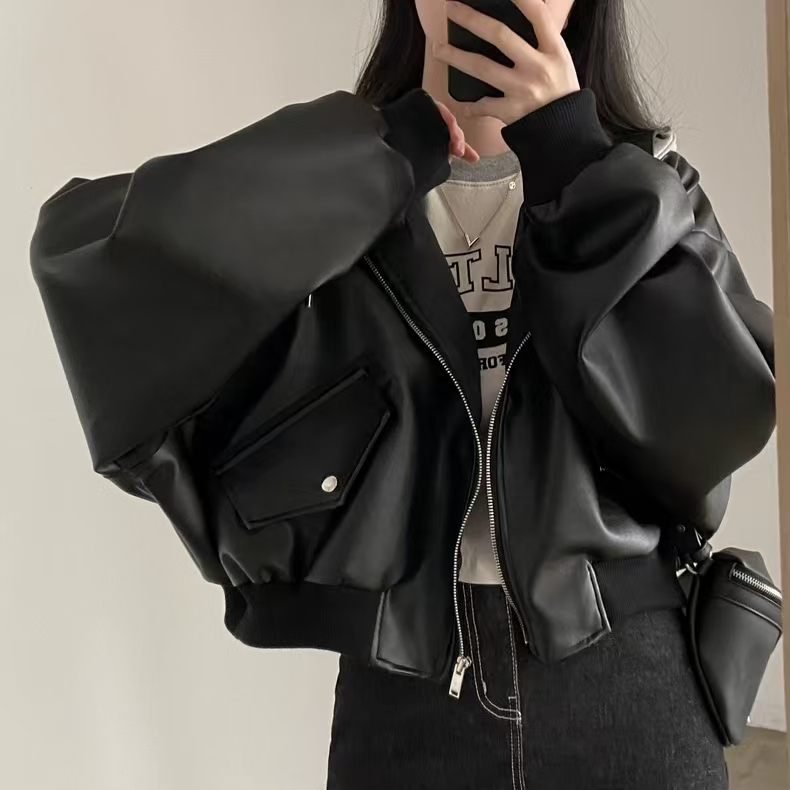 Veste à capuche noire pour femme, mode coréenne, manteau en cuir Harajuku, bombardier esthétique, streetwear
