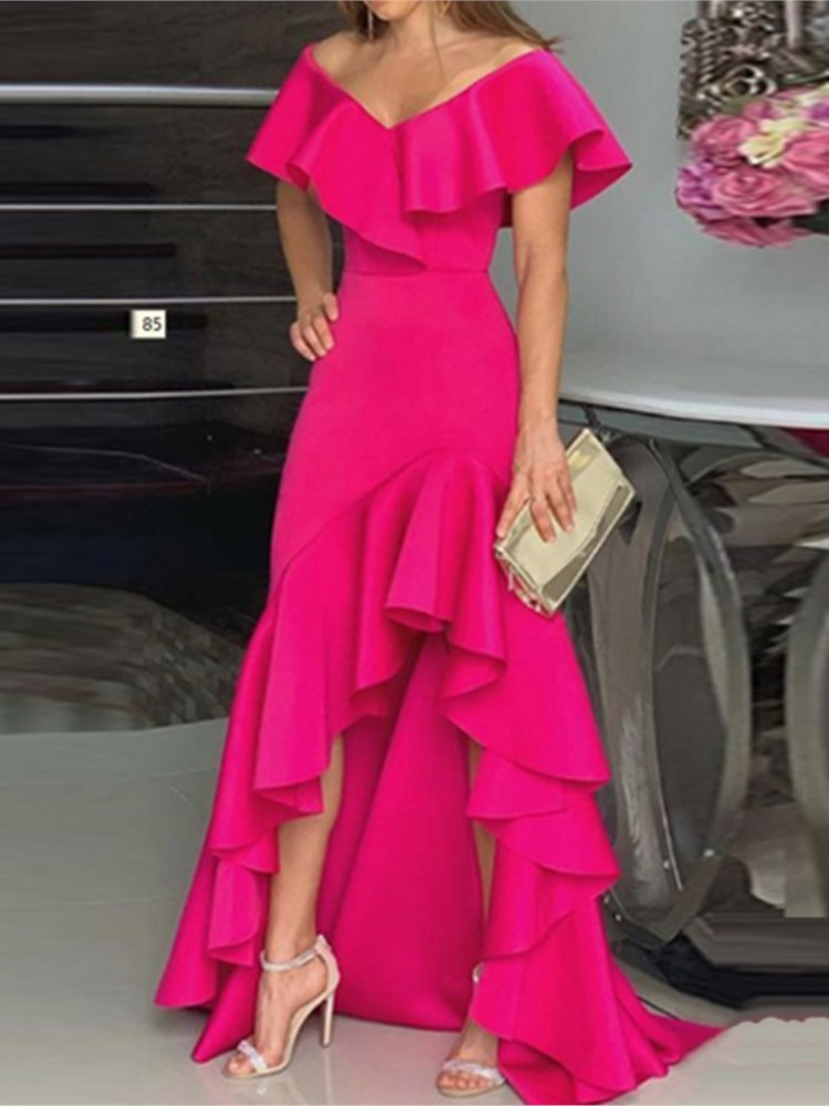 Robe longue de soirée élégante pour femmes, mode élégante, col en V, Slim, portefeuille aux hanches, couleur unie, manches à volants, été, 2025