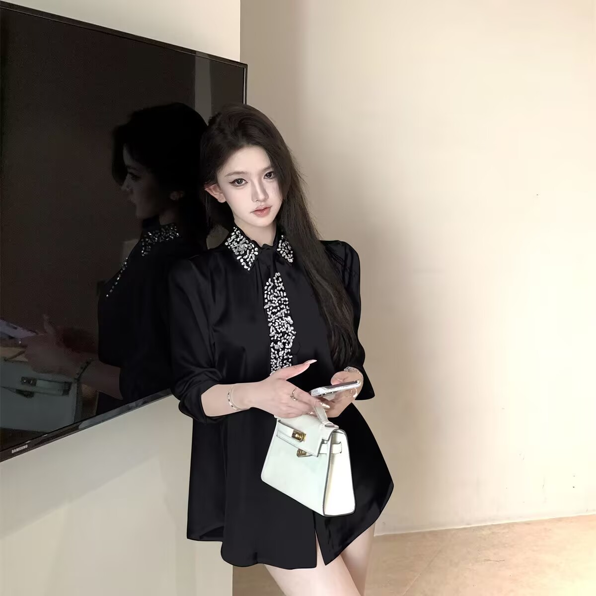 2025 femmes chemise blanche nouveau printemps automne cristal perles avec cravate en mousseline de soie chemise femmes Blouses dames hauts femmes vêtements