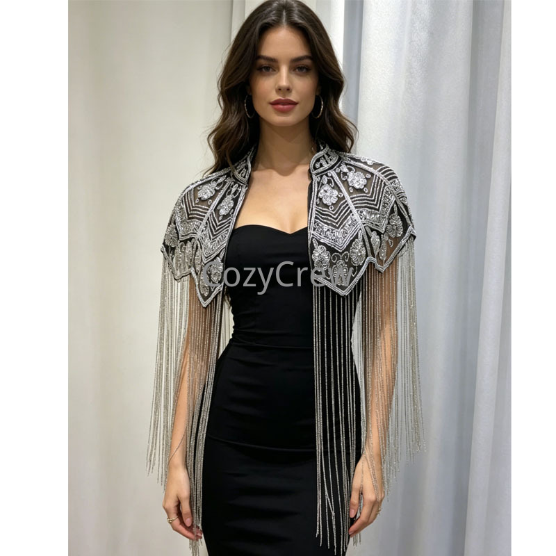 Cape vintage à franges et sequins style Charleston des années 20, châle d'épaule Art Déco pour femme, idéal pour mariage, bal de promo, soirée de gala